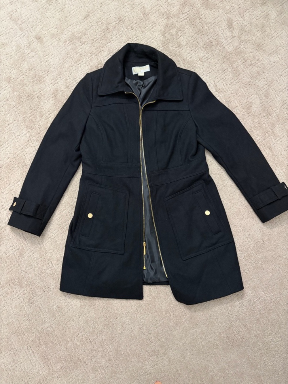 Women's Black Zip-Front Pea Coat with Gold Accents